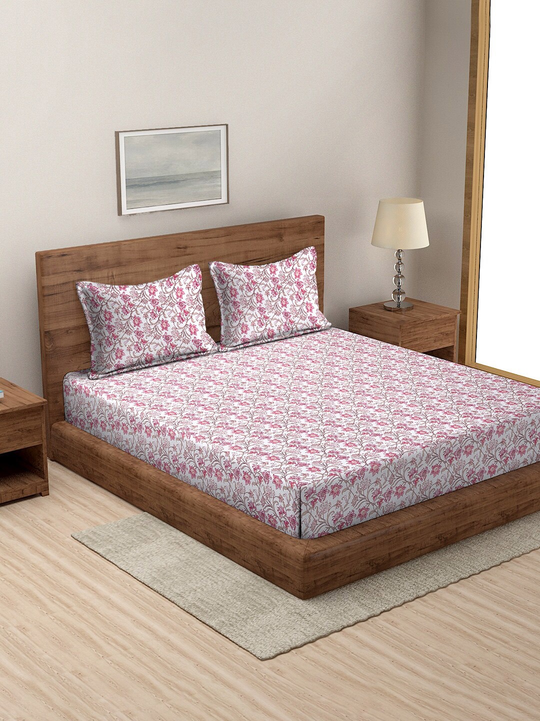 

MODEFE White & Pink Printed 144 TC Queen Bedsheet with 2 Pillow Covers