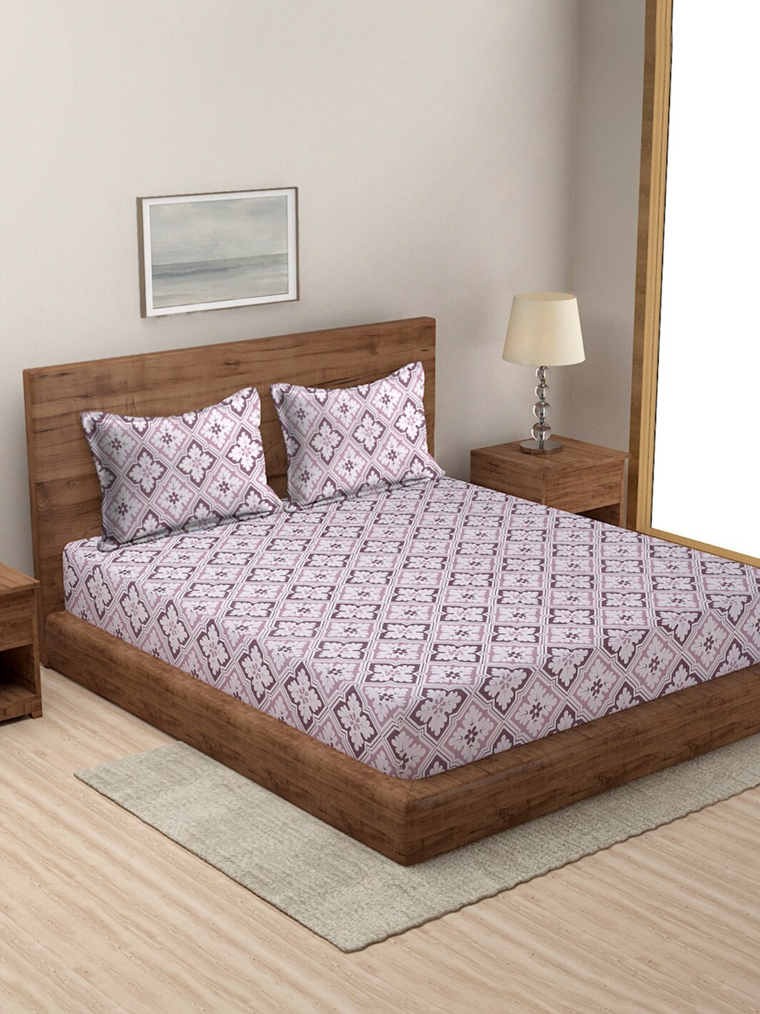 

MODEFE White & Purple Floral Microfiber 144 TC Queen Bedsheet with 2 Pillow Covers