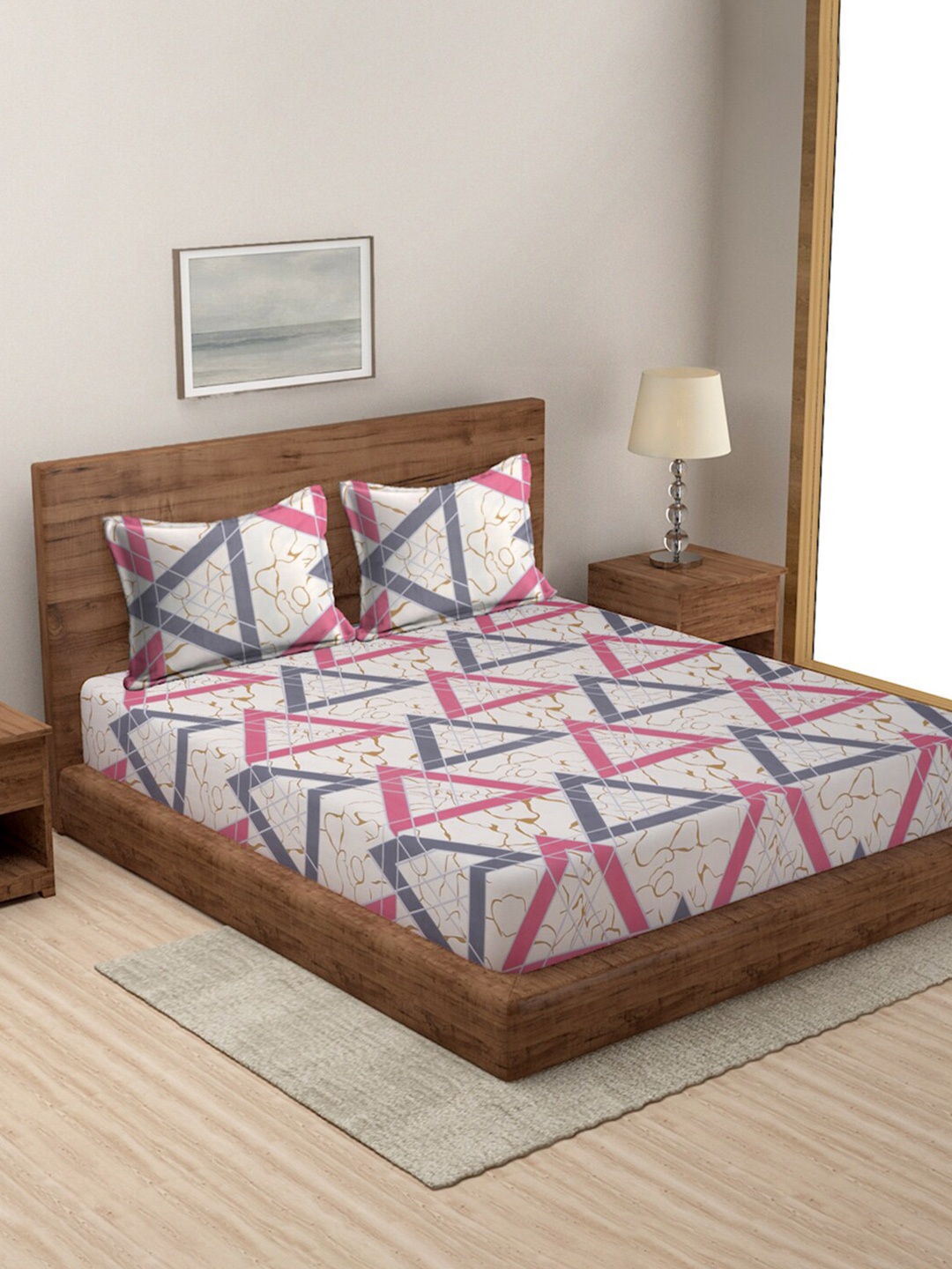 

MODEFE Cream & Pink Geometric Microfiber 144 TC Queen Bedsheet with 2 Pillow Covers