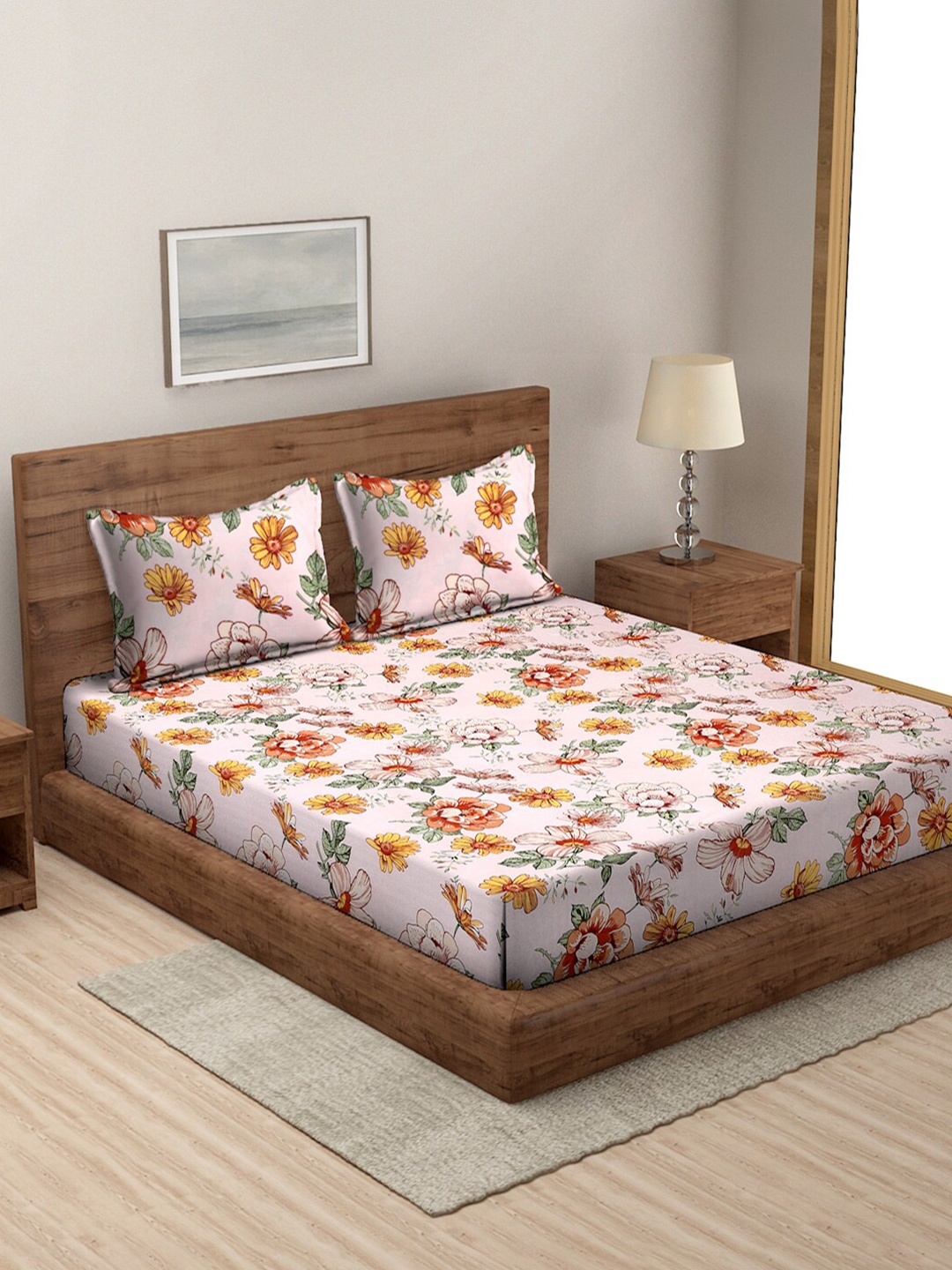 

MODEFE Pink & Yellow Floral Microfiber 144 TC Queen Bedsheet With 2 Pillow Covers