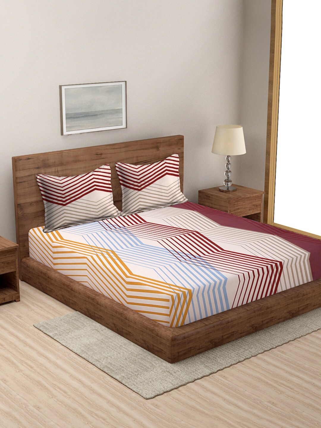 

MODEFE Blue & Brown Striped Microfiber 144 TC Queen Bedsheet With 2 Pillow Covers