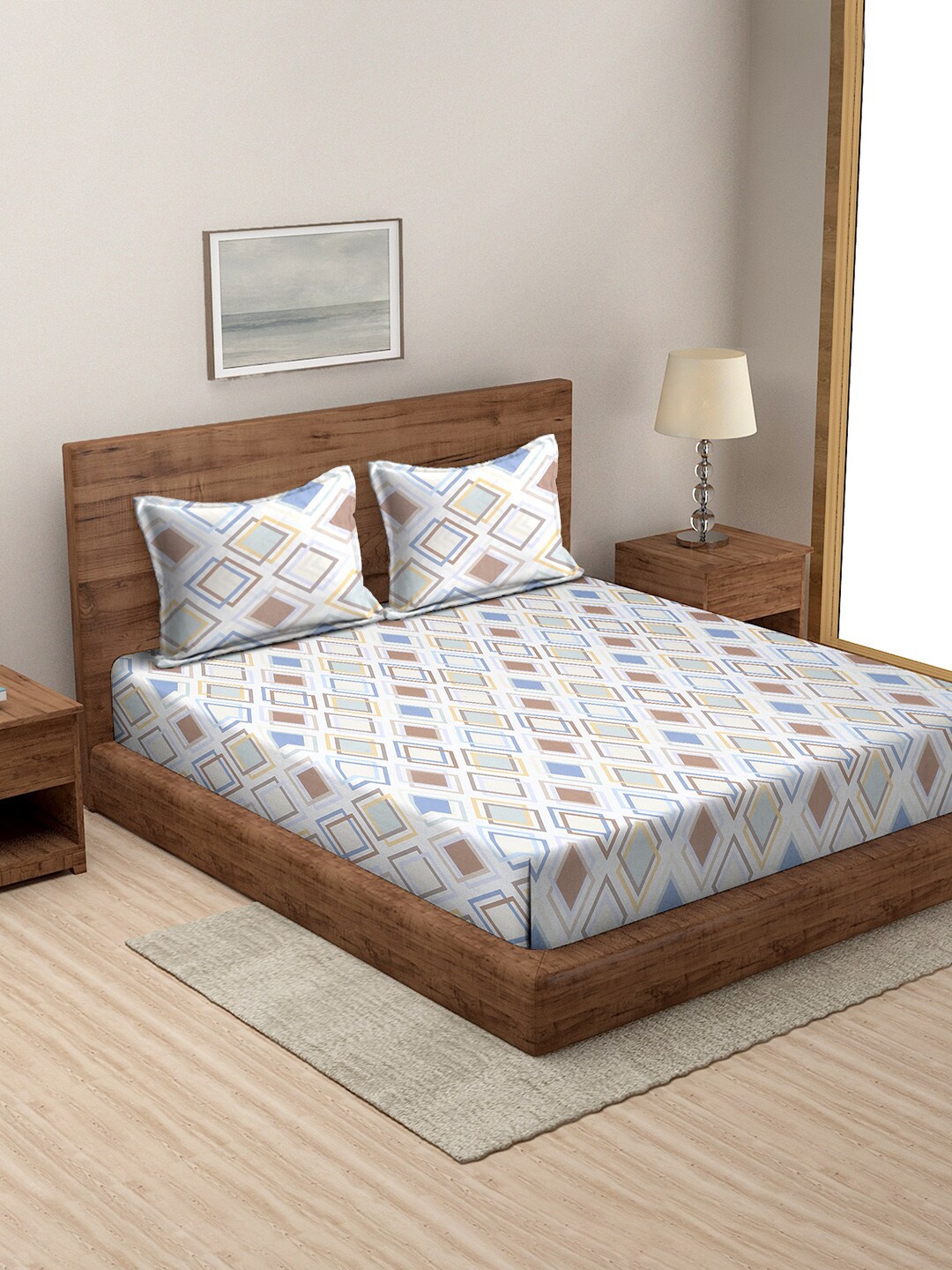 

MODEFE White & Blue Geometric Microfiber 144 TC Queen Bedsheet With 2 Pillow Covers