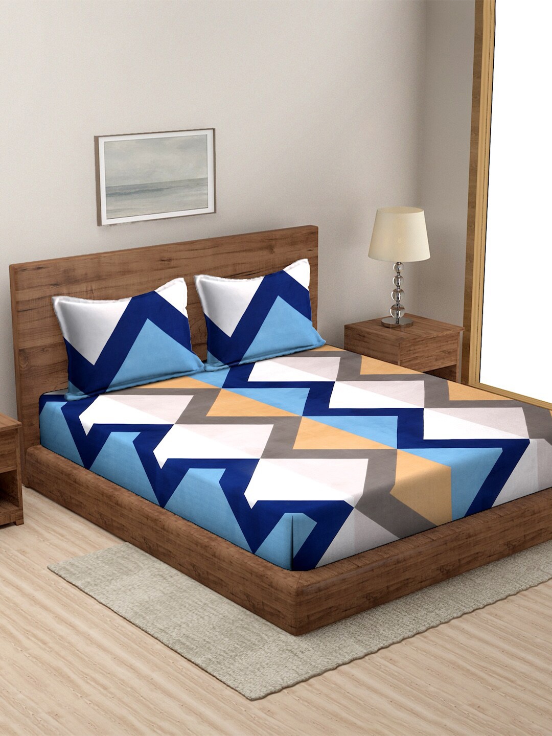 

MODEFE Blue & White Geometric Microfiber 144 TC Queen Bedsheet With 2 Pillow Covers