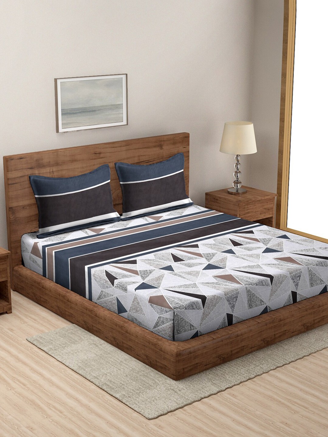 

MODEFE White & Navy Blue Geometric Microfiber 144 TC Queen Bedsheet with 2 Pillow Covers