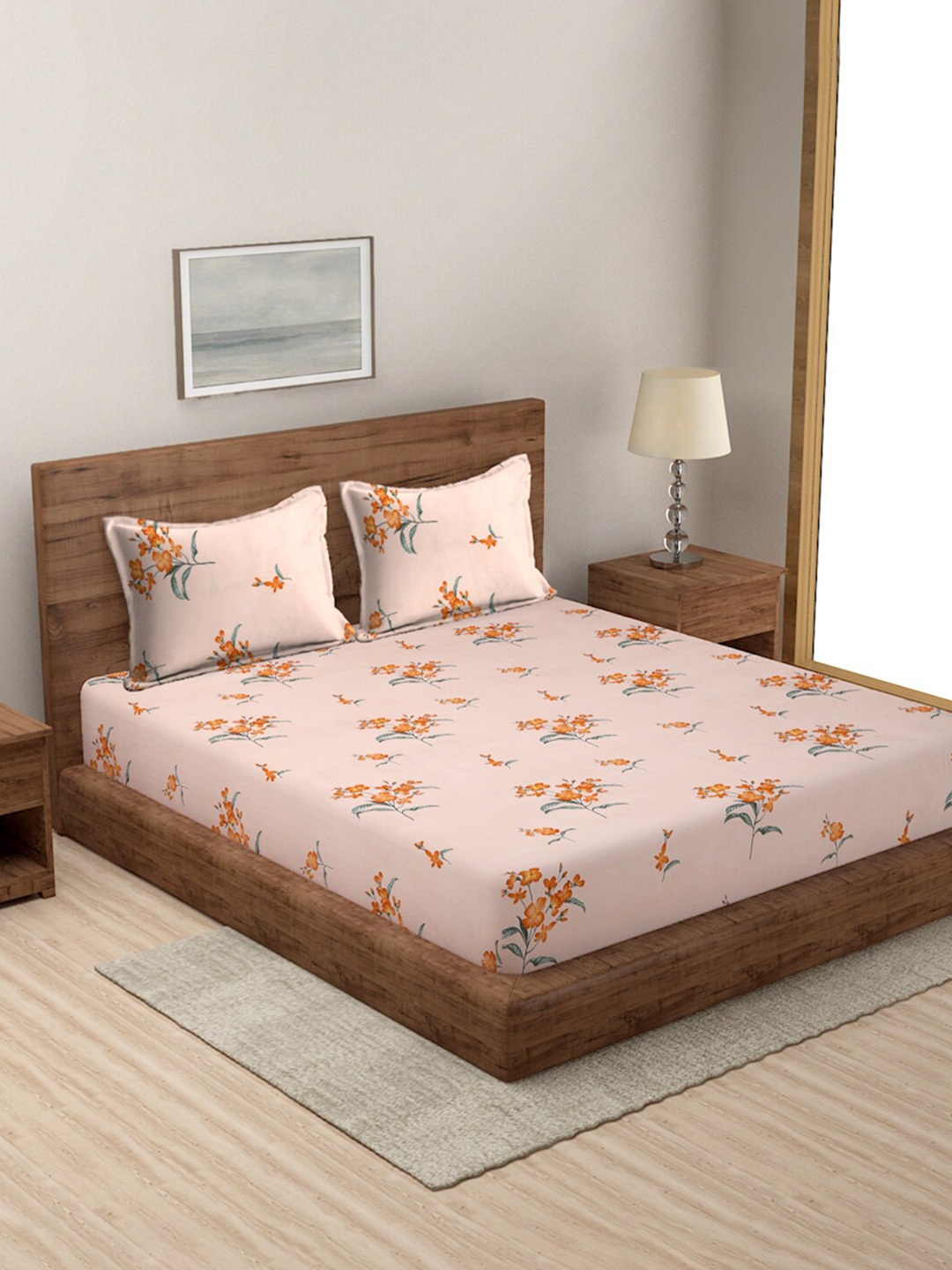 

MODEFE Peach-Coloured & Green Printed 144 TC Queen Bedsheet with 2 Pillow Covers