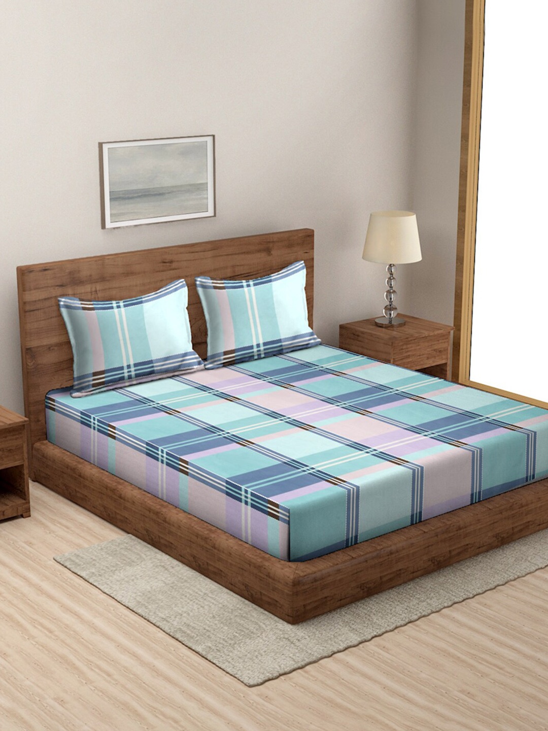 

MODEFE Green & Blue Geometric Microfiber 144 TC Queen Bedsheet with 2 Pillow Covers