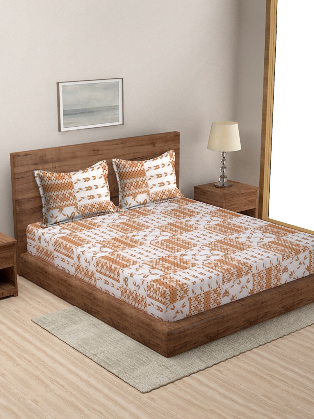 

MODEFE White & Brown Floral Microfiber 144 TC Queen Bedsheet with 2 Pillow Covers