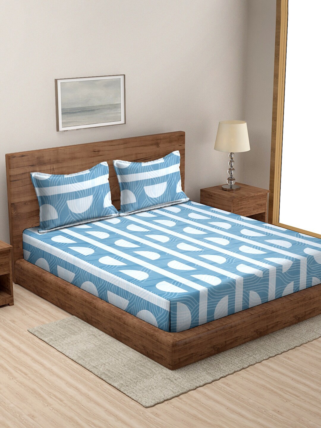 

MODEFE Blue & White Printed 144 TC Queen Bedsheet with 2 Pillow Covers