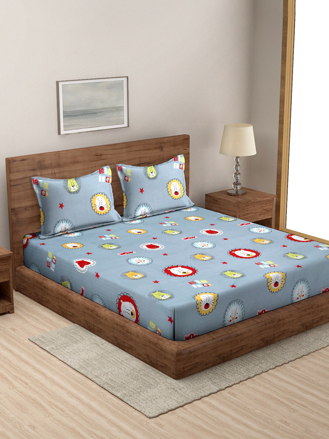 

MODEFE Blue & Yellow Cartoon Characters Microfiber 144 TC Queen Bedsheet & 2 Pillow Covers