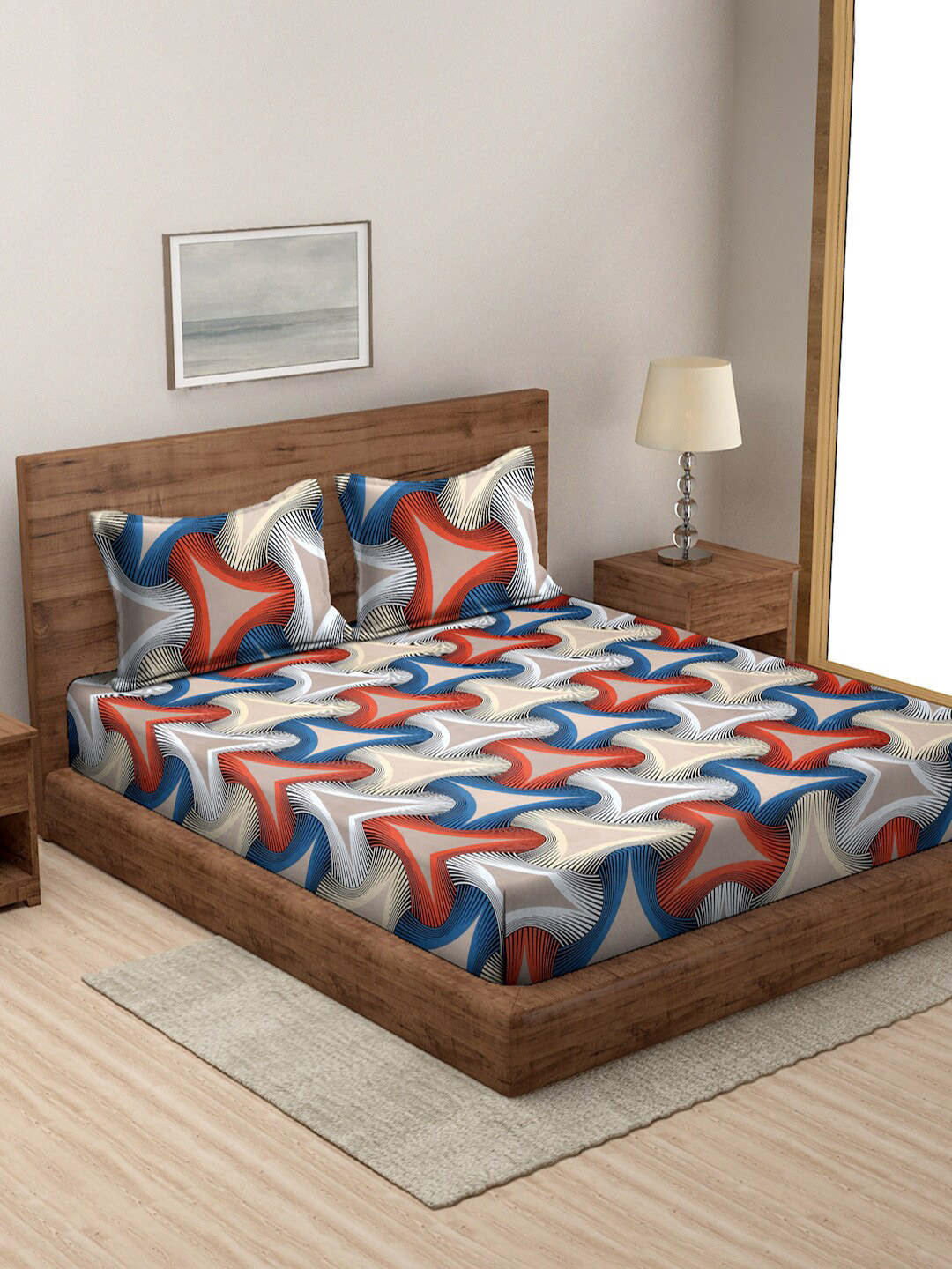 

MODEFE Blue & White Geometric Microfiber 144 TC Queen Bedsheet with 2 Pillow Covers