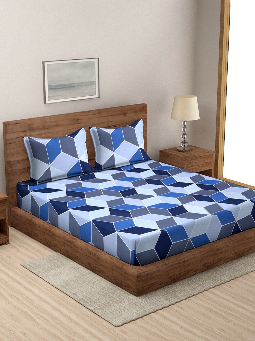 

MODEFE Blue & Grey Geometric 144 TC Queen Bedsheet with 2 Pillow Covers