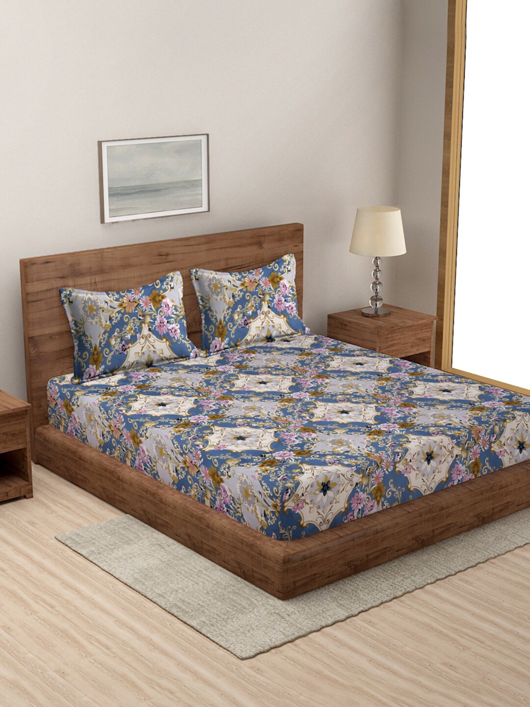 

MODEFE Blue & Cream-Coloured Floral Microfiber 144 TC Queen Bedsheet with 2 Pillow Covers