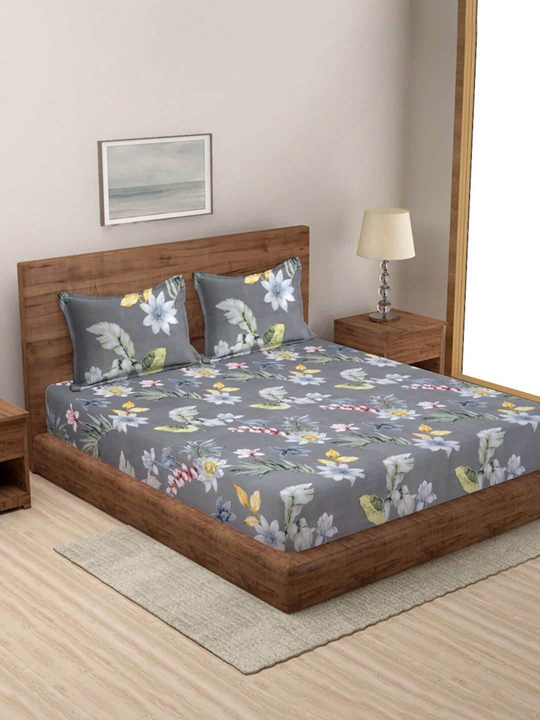 

MODEFE Grey & Yellow Floral Microfiber 144 TC Queen Bedsheet with 2 Pillow Covers