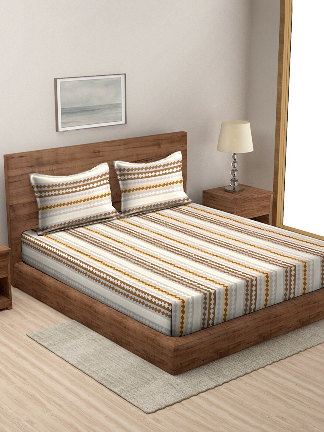 

MODEFE Beige & Brown Striped 144 TC Queen Bedsheet with 2 Pillow Covers