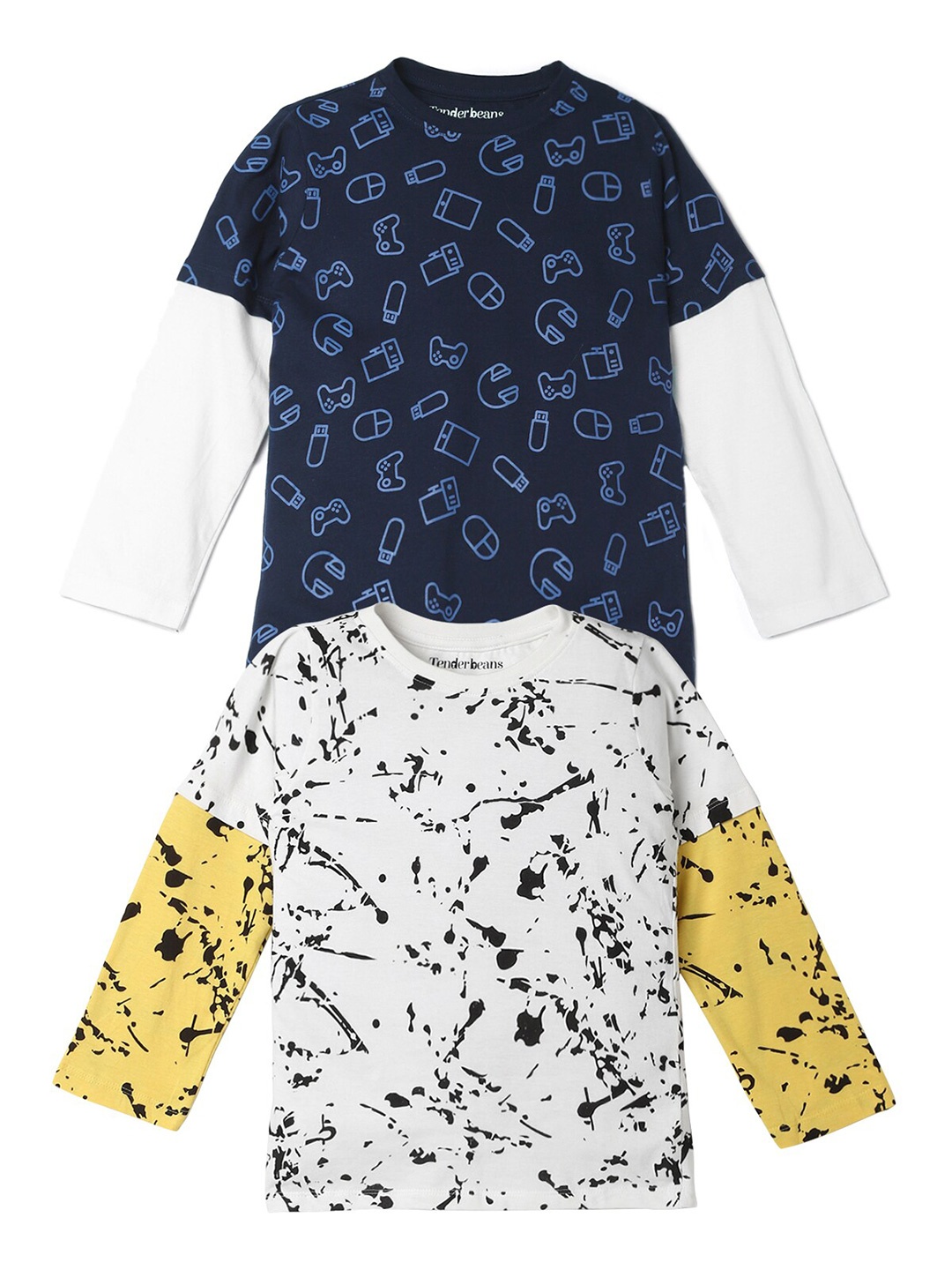 

UrbanMark Boys Pack Of 2 Abstract Printed Long Sleeves Regular Fit Cotton T-shirt, Navy blue