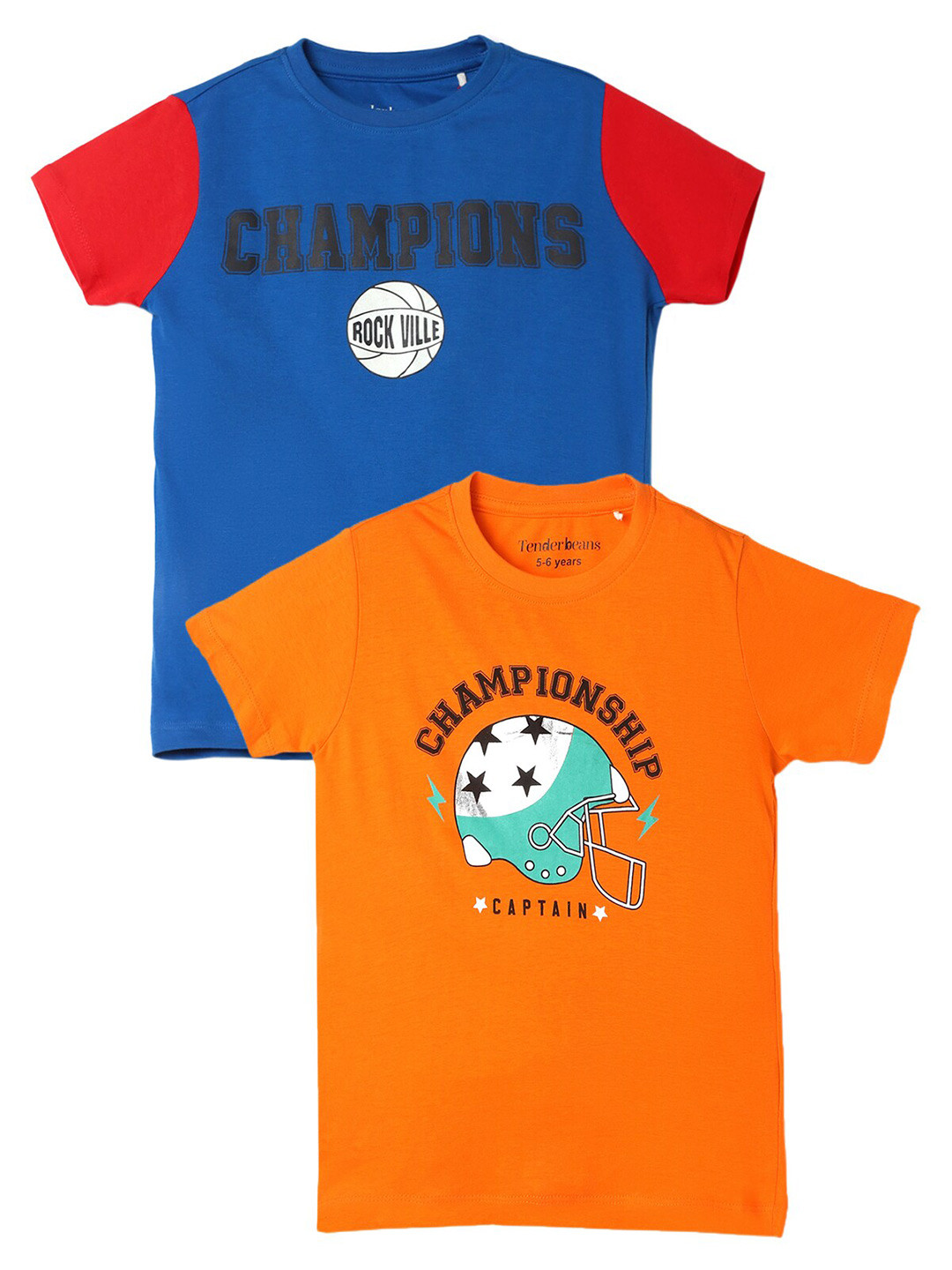 

UrbanMark Boys Pack Of 2 Typography Printed Pure Cotton T-shirt, Blue