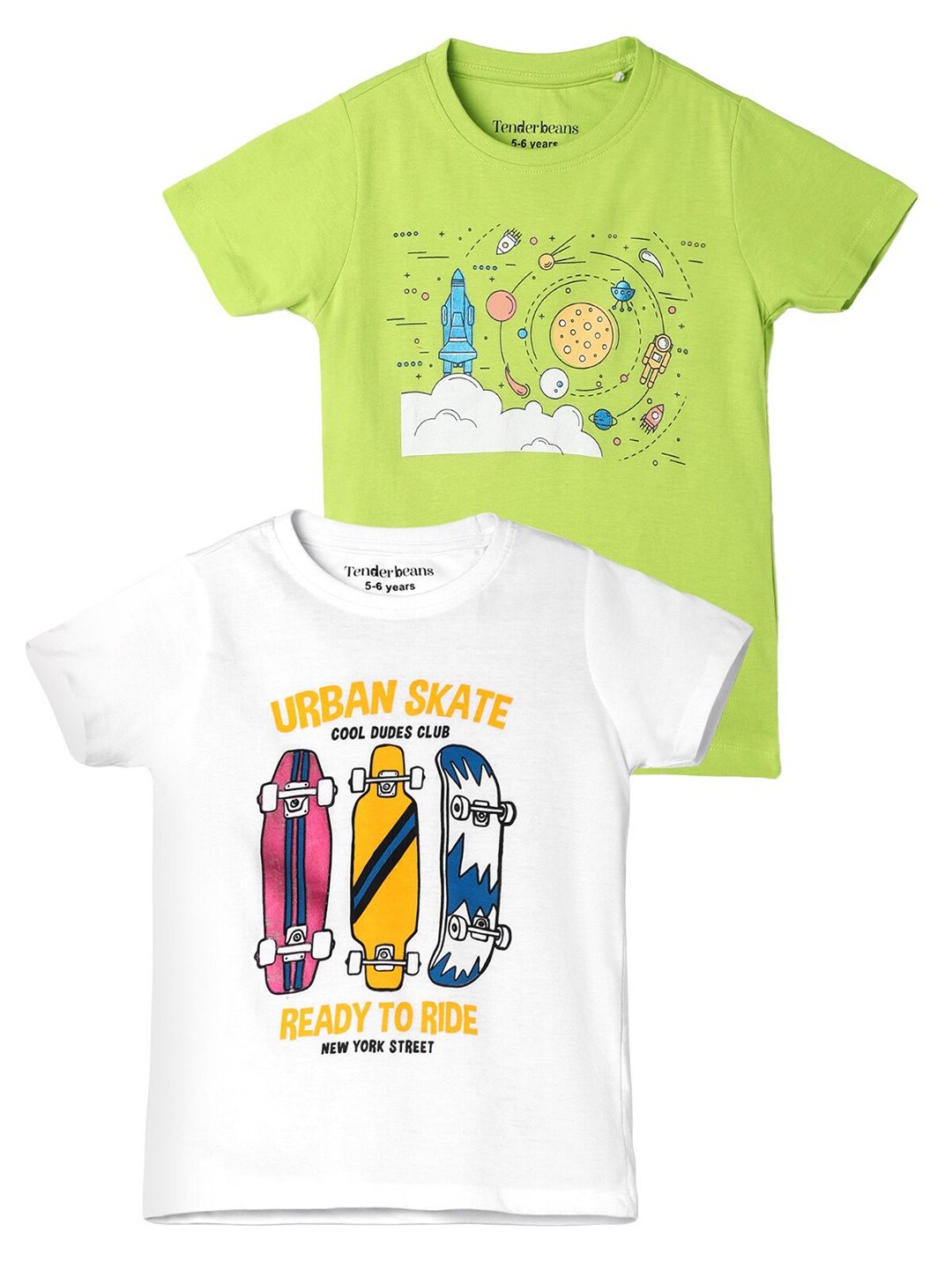 

UrbanMark Boys Pack Of 2 Graphic Printed Pure Cotton T-shirts, Green