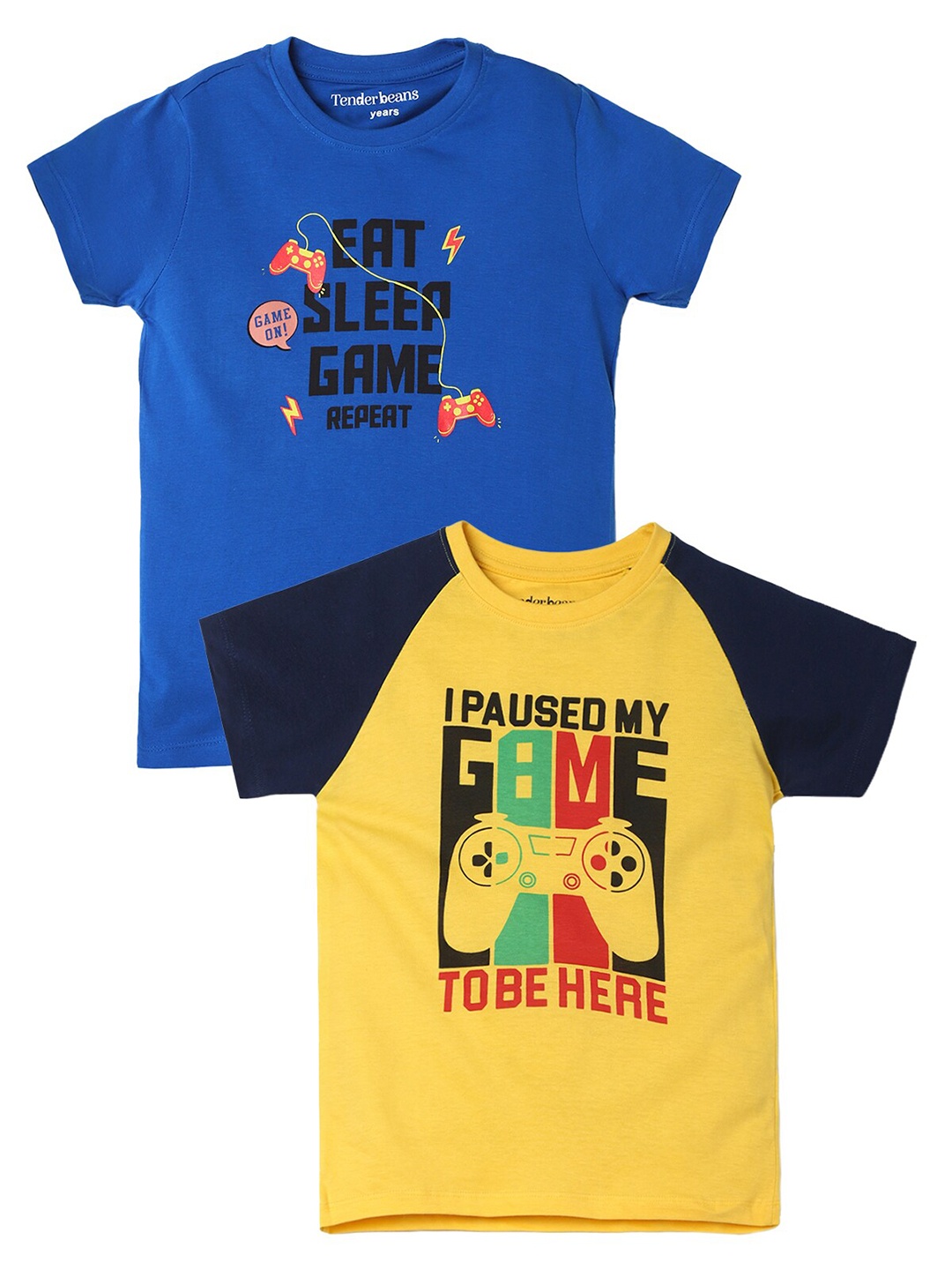 

UrbanMark Boys Pack Of 2 Typography Printed Pure Cotton T-shirt, Blue
