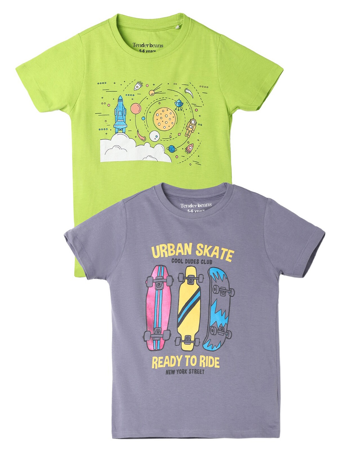 

UrbanMark Boys Pack Of 2 Graphic Printed Pure Cotton T-shirts, Green