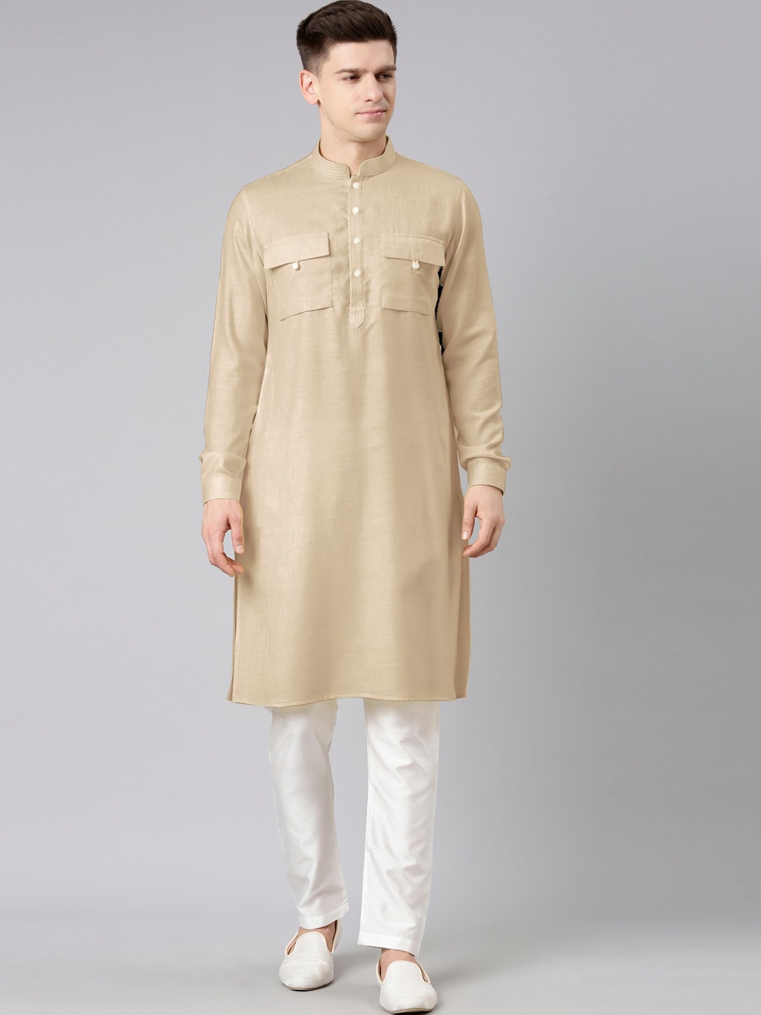 

TheEthnic.Co Mandarin Collar Pathani Pure Cotton Kurta with Pyjamas, Beige