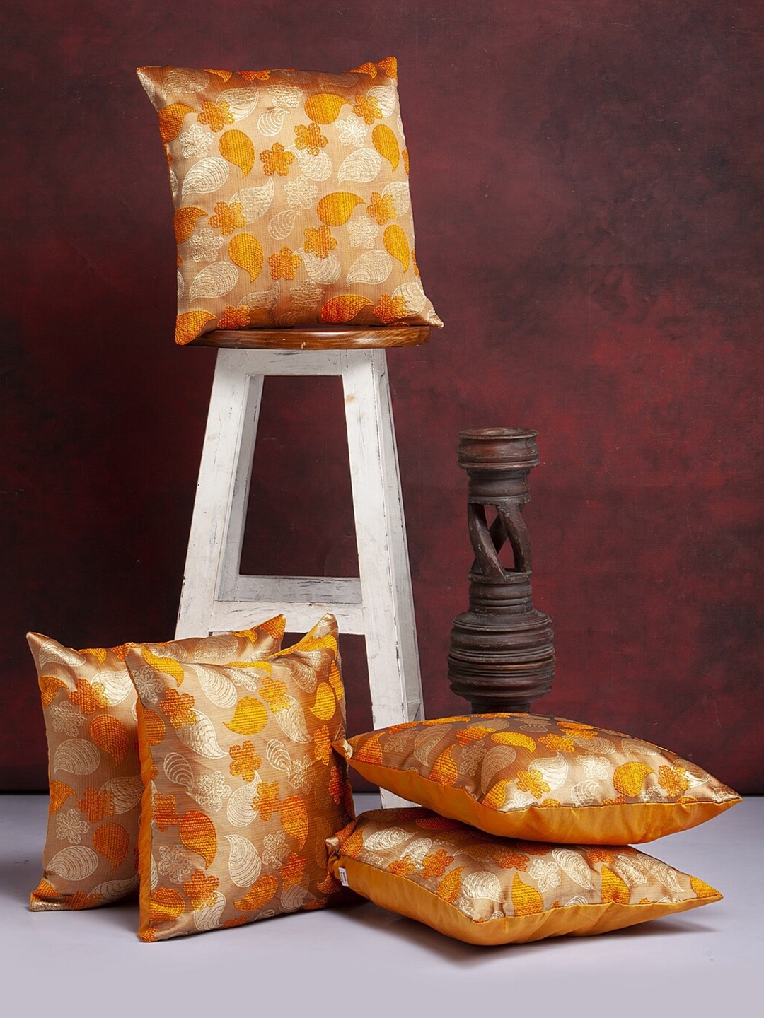

Alina decor 5 Pcs Yellow & Orange Ethnic Motifs Brocade Square Cushion Covers