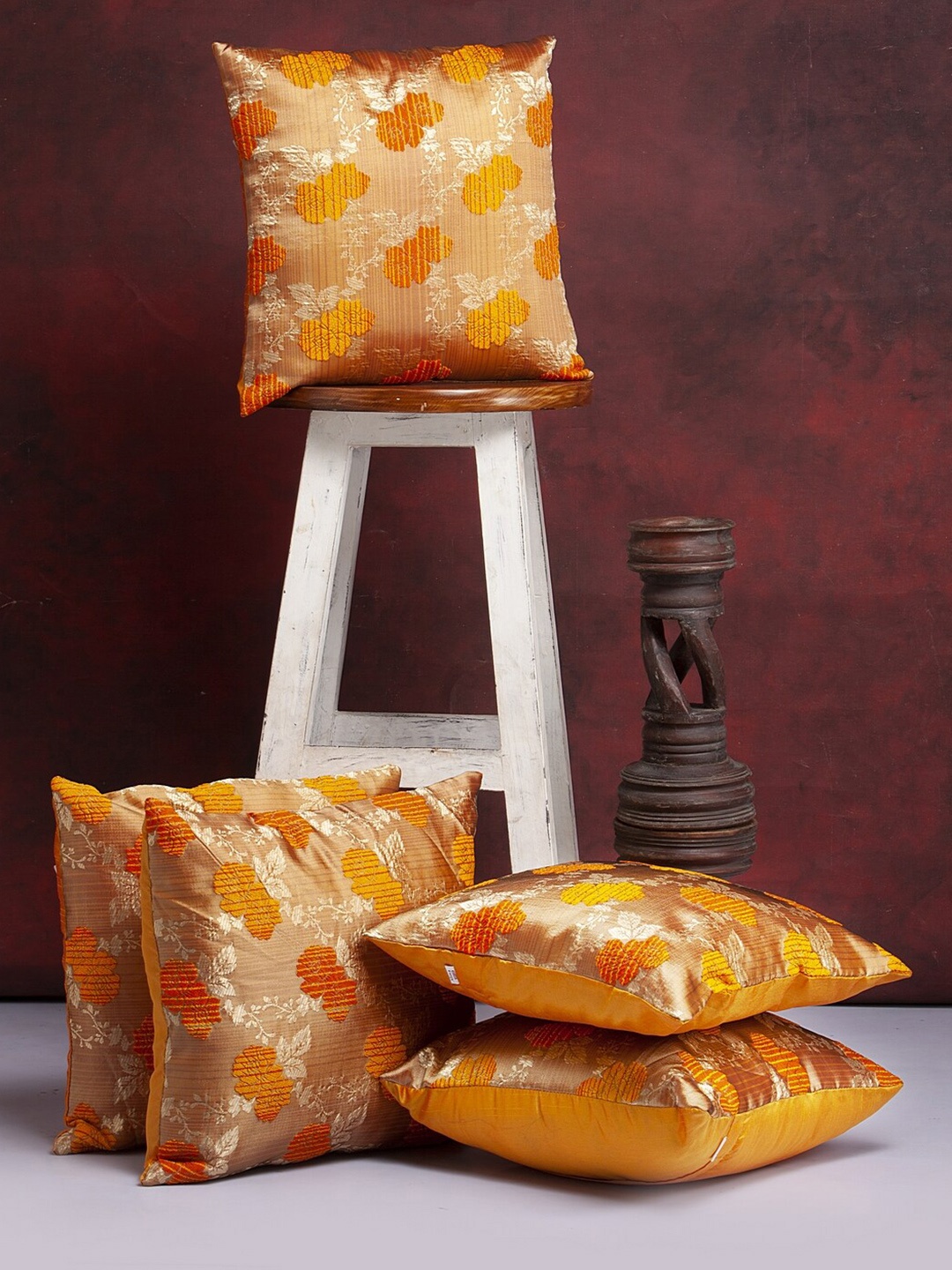 

Alina decor 5 Pcs Yellow & Orange Ethnic Motifs Brocade Square Cushion Covers