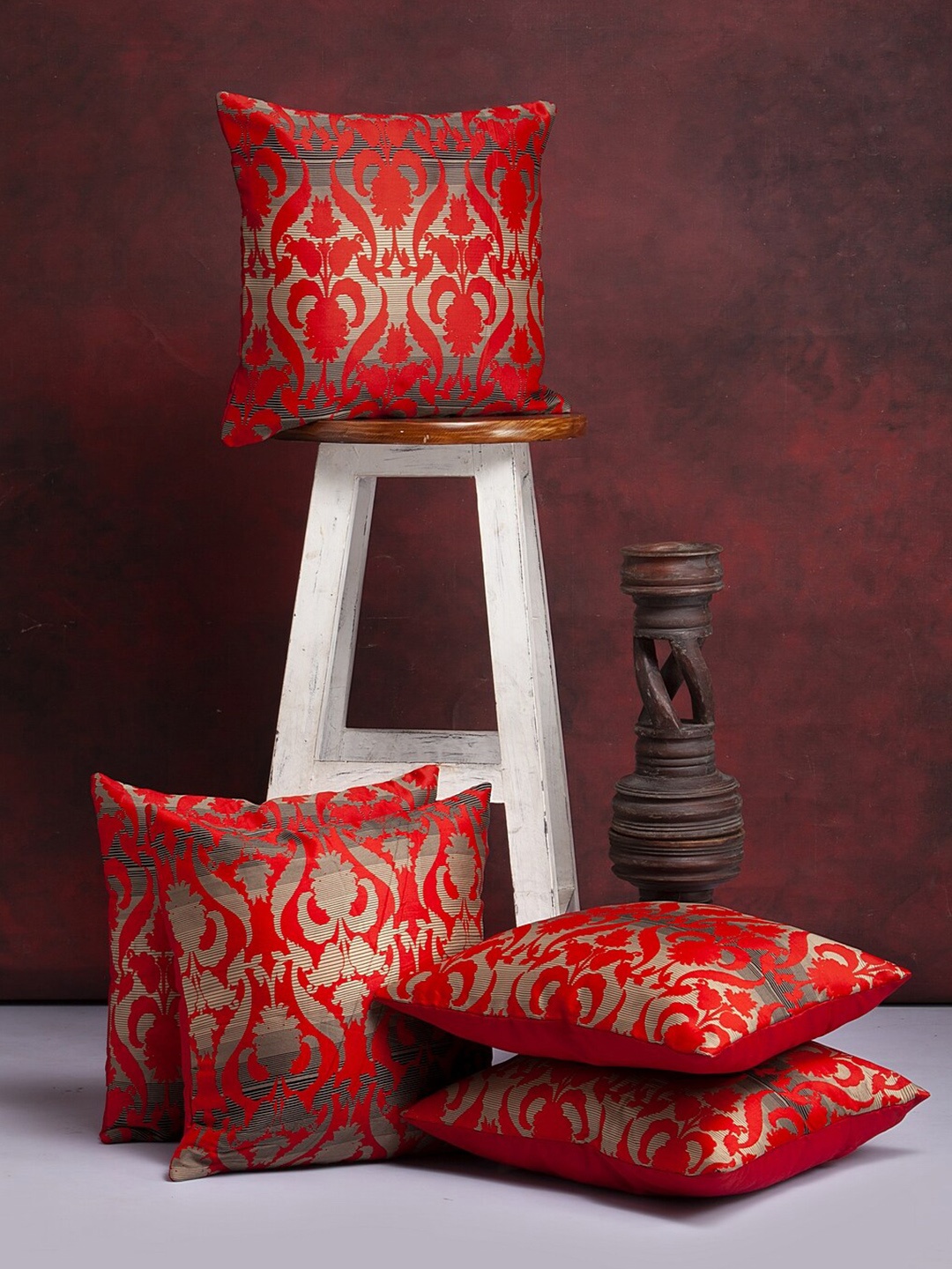 

Alina decor 5 Pcs Red & Grey Ethnic Motifs Brocade Square Cushion Covers