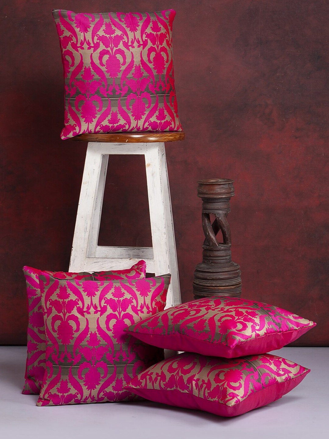 

Alina decor 5 Pcs Pink & Gold-Toned Ethnic Motifs Brocade Square Cushion Covers