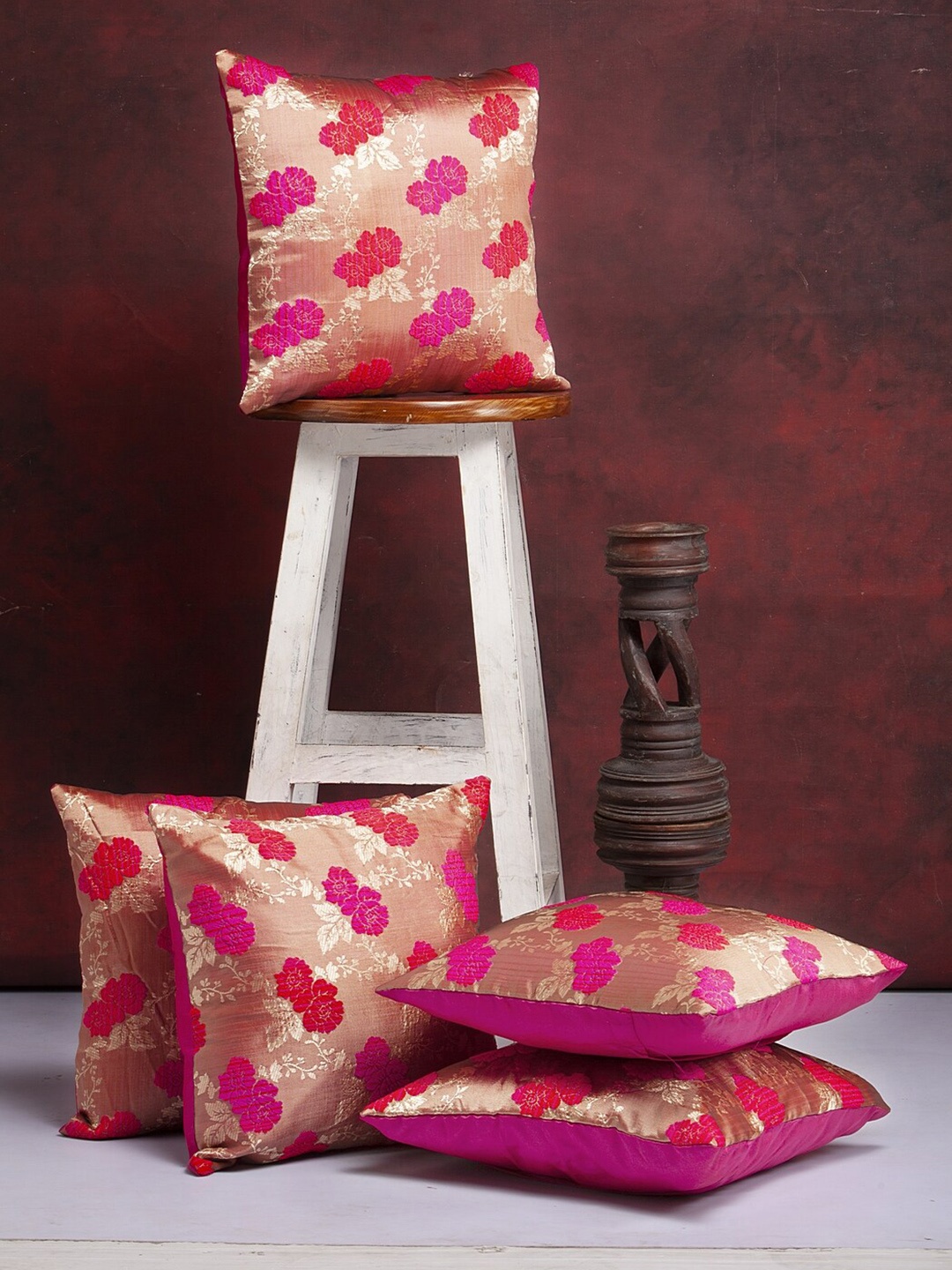 

Alina decor 5 Pcs Pink & Gold-Toned Ethnic Motifs Brocade Square Cushion Covers