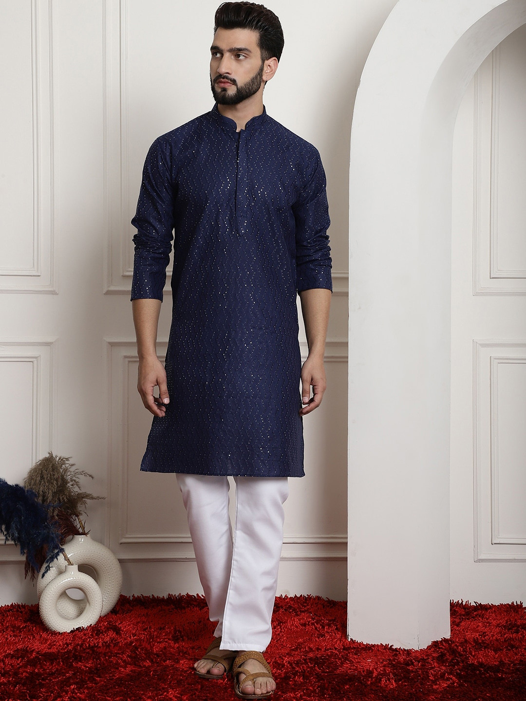 

Armaan Ethnic Motifs Embroidered Sequinned Pure Cotton Straight Kurta With Pyjamas, Navy blue