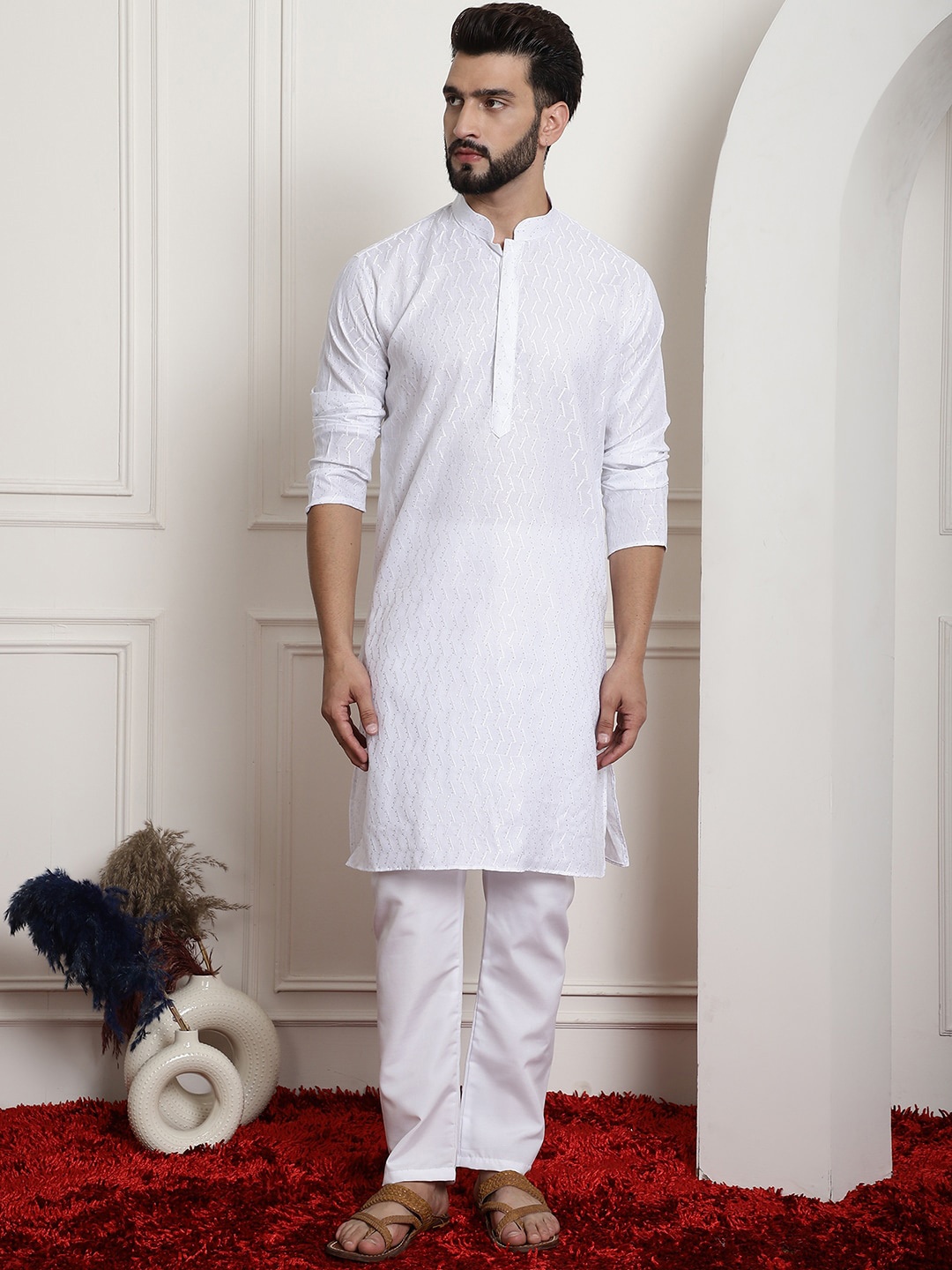 

Armaan Ethnic Chevron Embroidered Sequined Chikankari Pure Cotton Kurta with Pyjamas, White