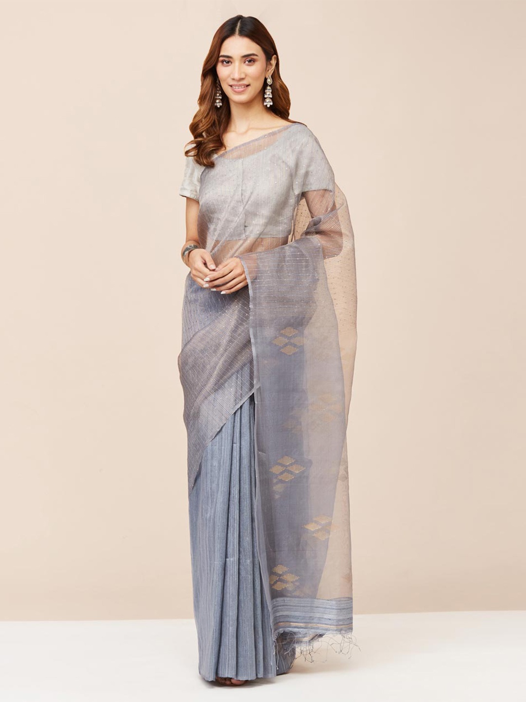 

Fabindia Ethnic Motifs Woven Design Sequinned Pure Cotton Saree, Grey