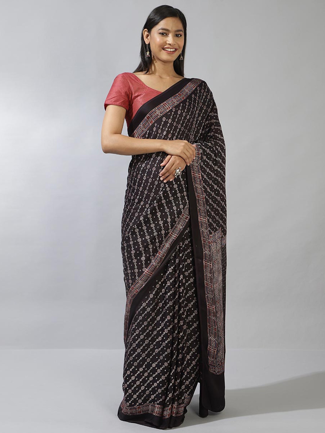 

Fabindia Ethnic Motifs Printed Pure Cotton Saree, Black