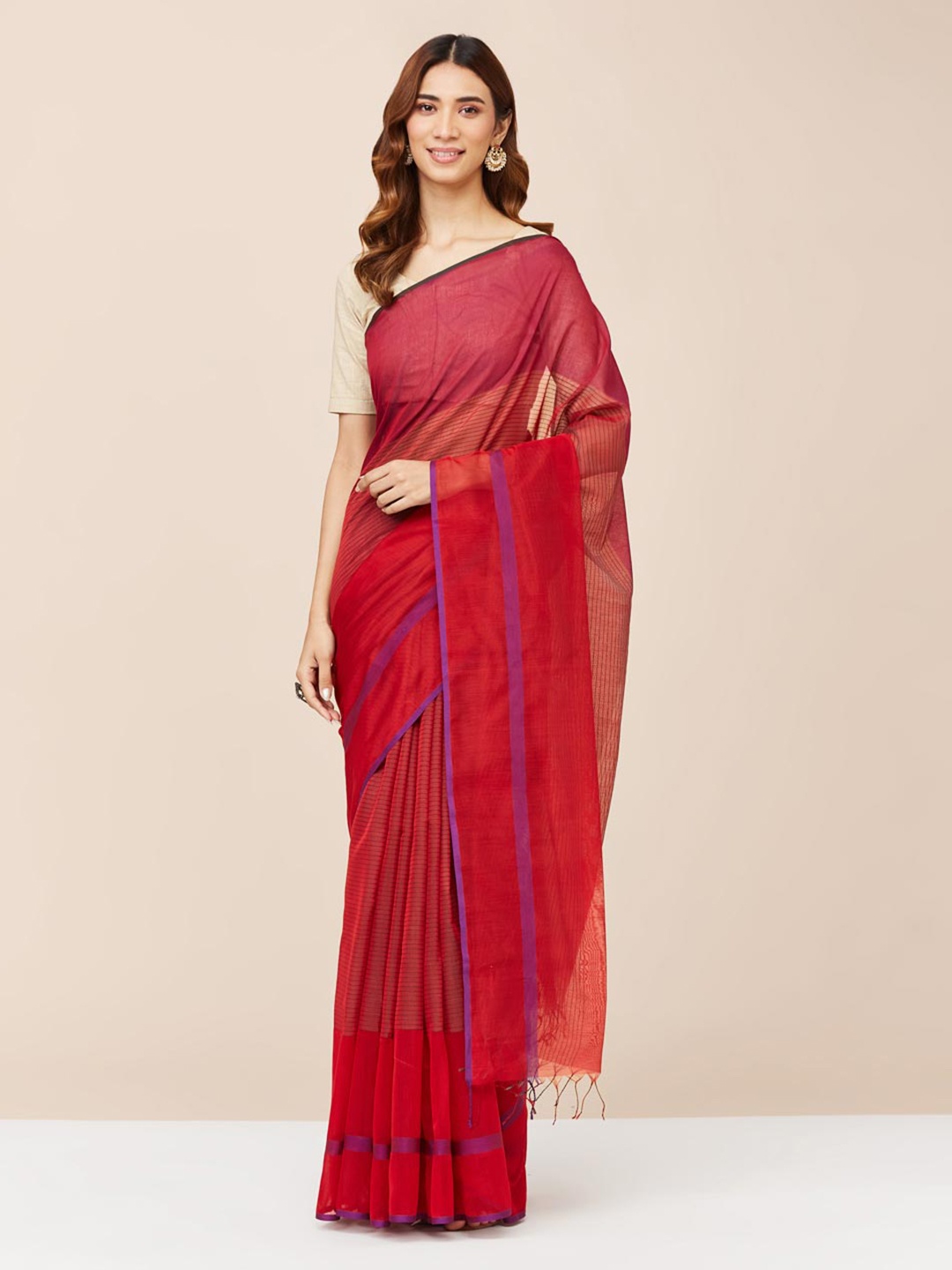 

Fabindia Striped Silk Cotton Saree, Maroon