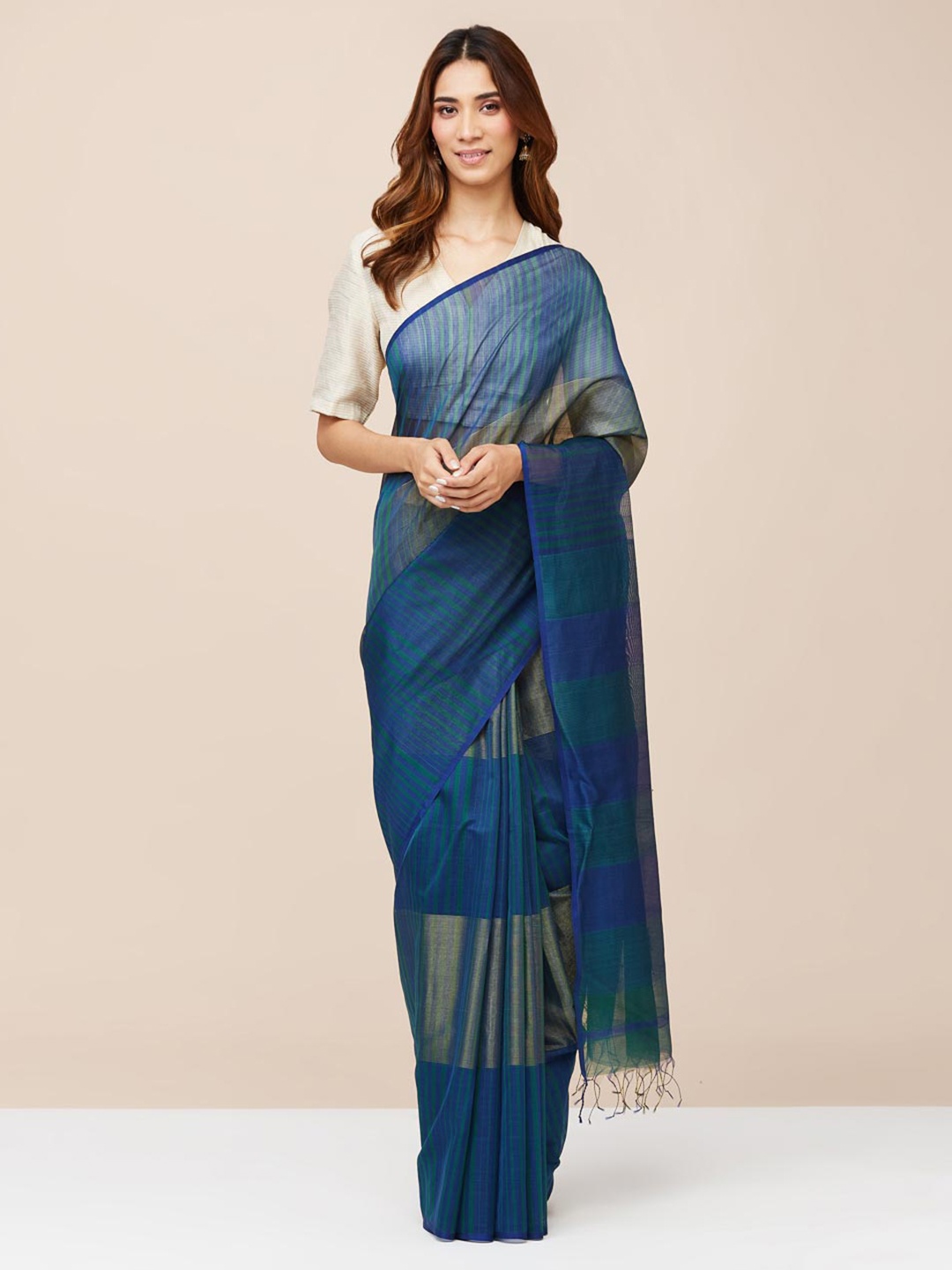 

Fabindia Striped Cotton Blend Saree, Blue