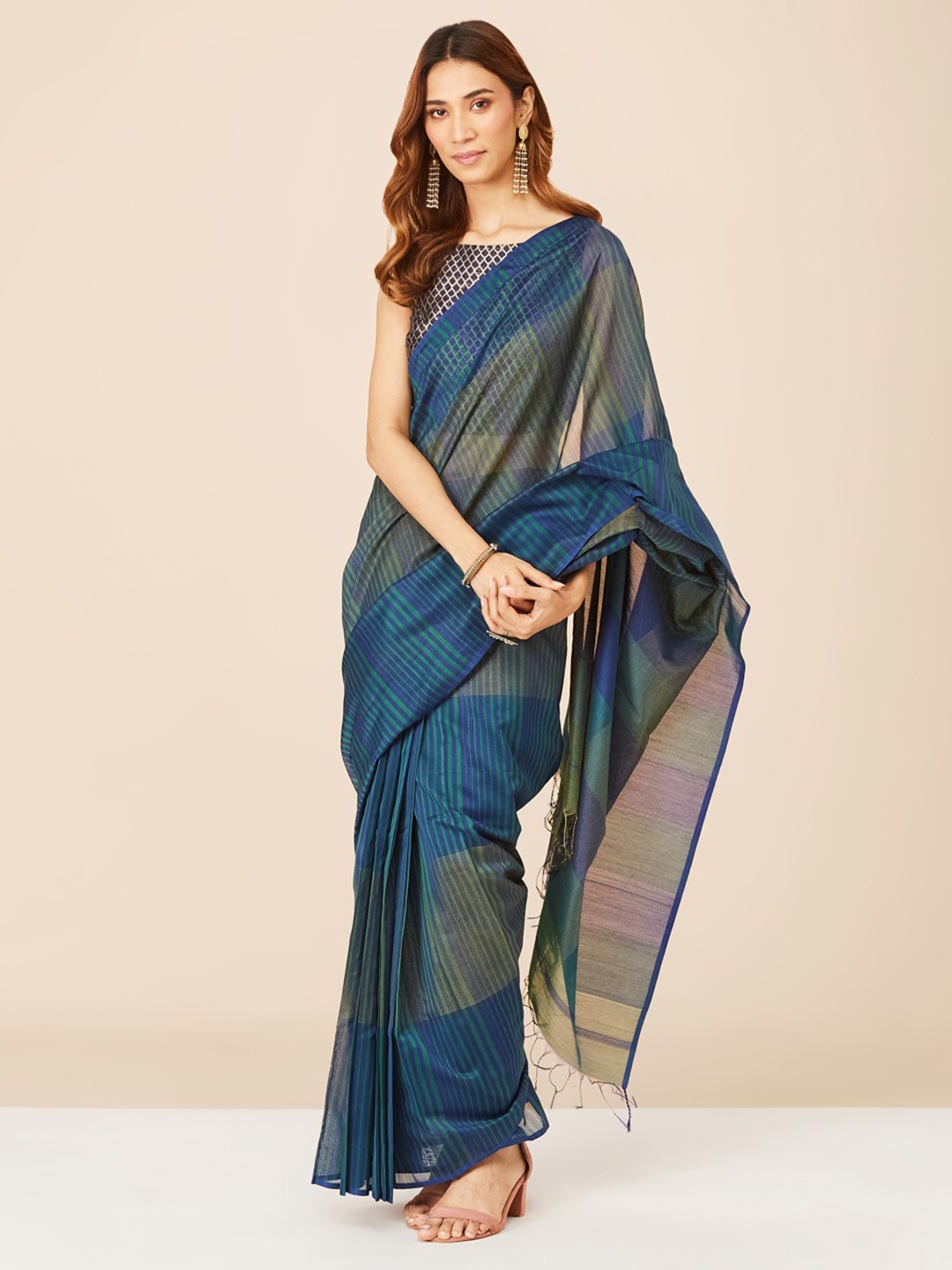 

Fabindia Striped Silk Cotton Saree, Blue