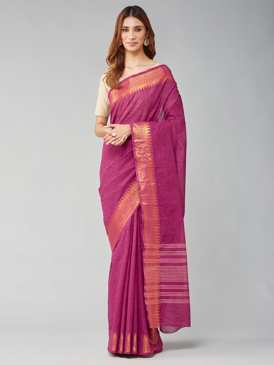 

Fabindia Floral Printed Zari Pure Cotton Saree, Purple