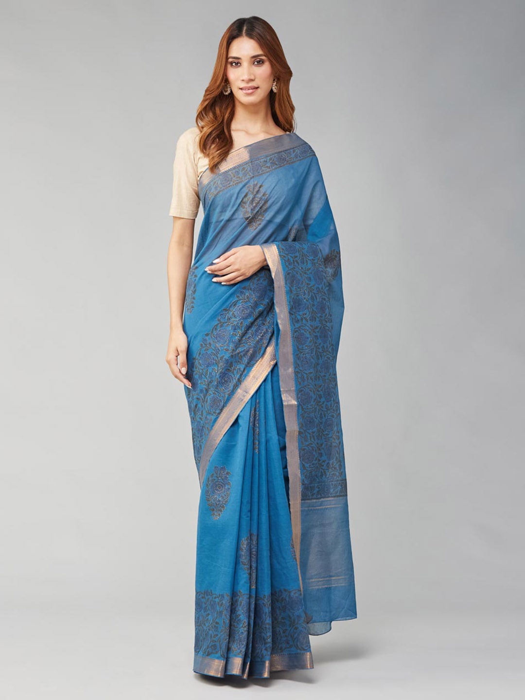 

Fabindia Floral Printed Zari Pure Cotton Saree, Blue