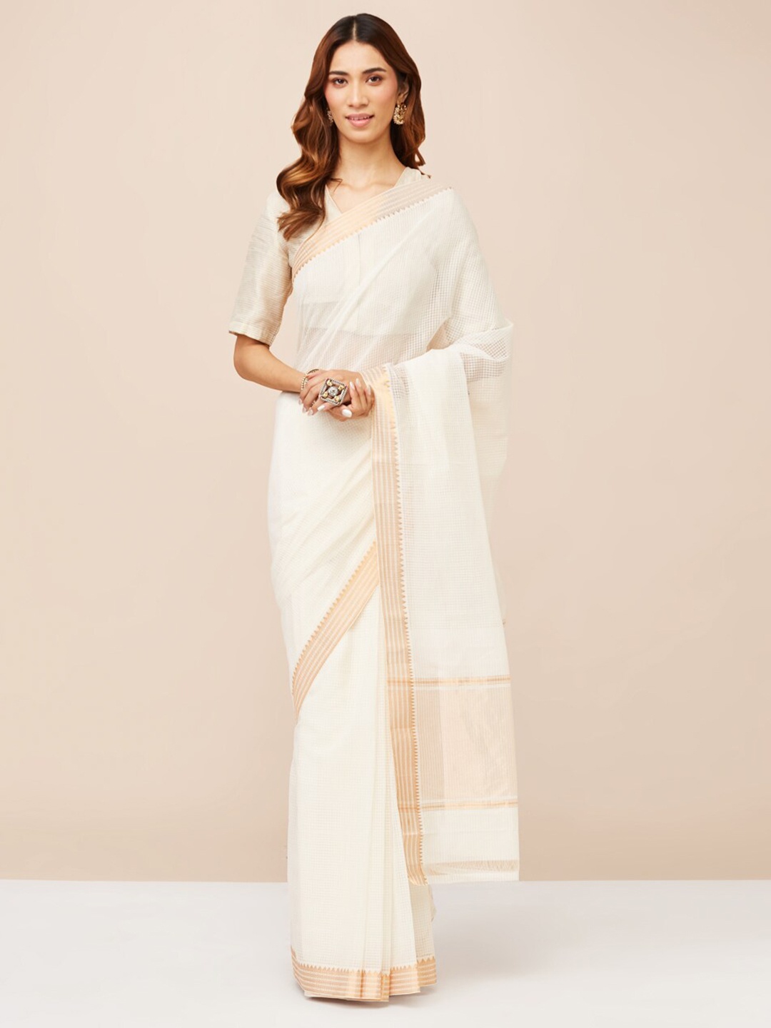 

Fabindia Checked Pure Cotton Saree, Beige