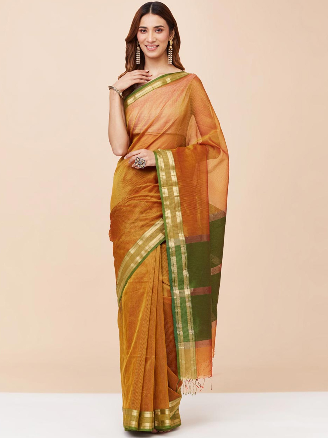 

Fabindia Striped Zari Saree, Brown