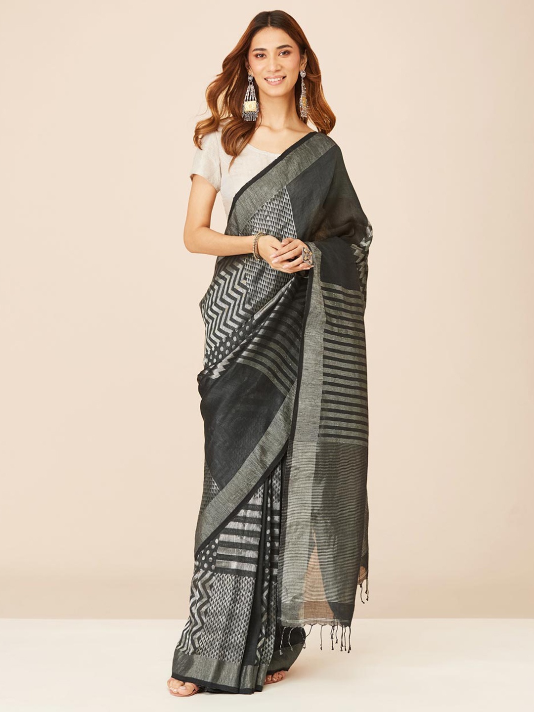 

Fabindia Striped Zari Saree, Black