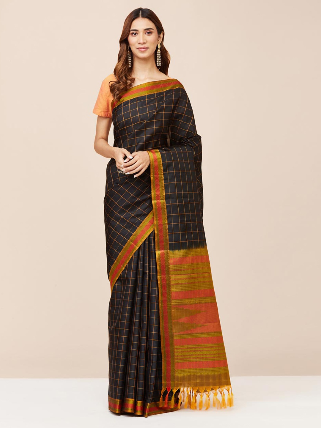 

Fabindia Woven Design Zari Pure Cotton Saree, Black