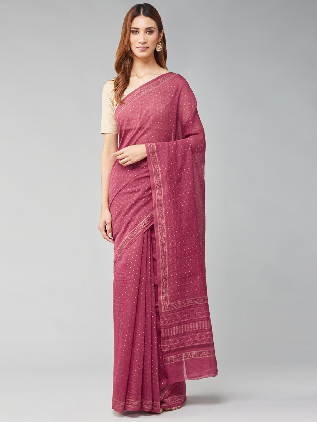 

Fabindia Geometric Printed Saree, Maroon