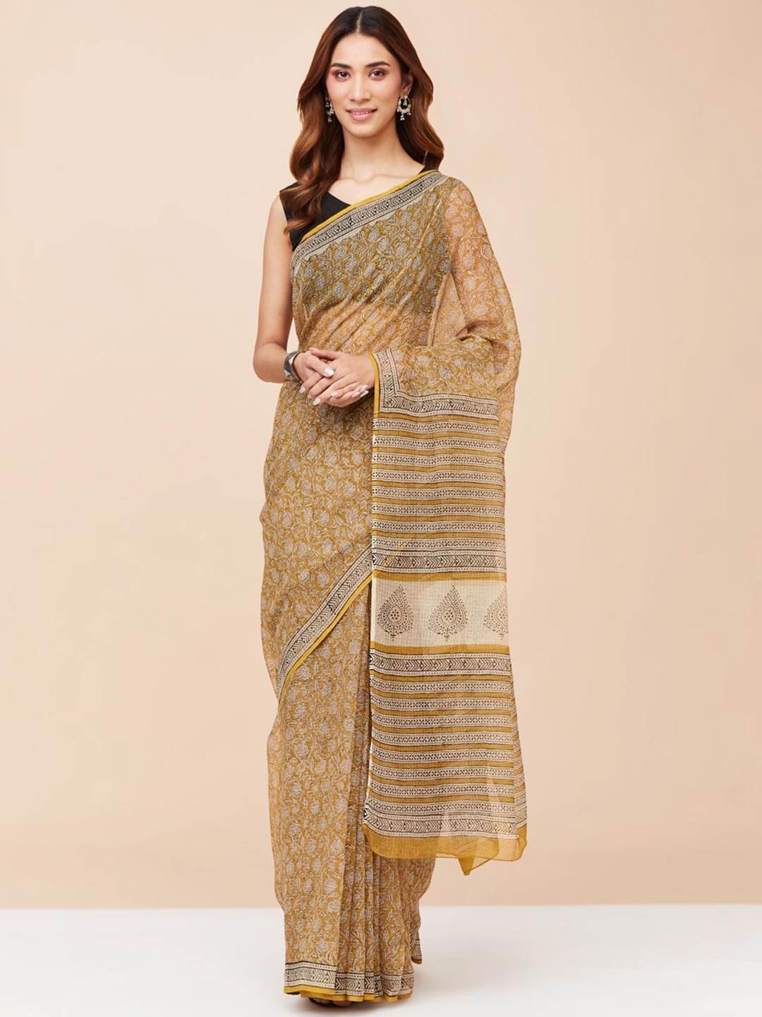 

Fabindia Ethnic Motifs Printed Silk Cotton Saree, Mustard