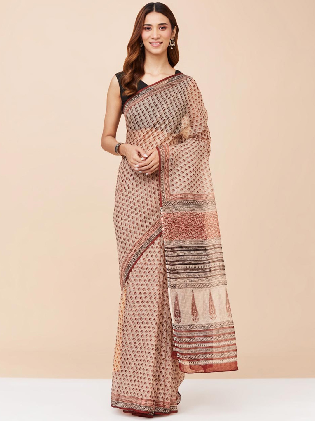 

Fabindia Floral Printed Silk Cotton Saree, Beige