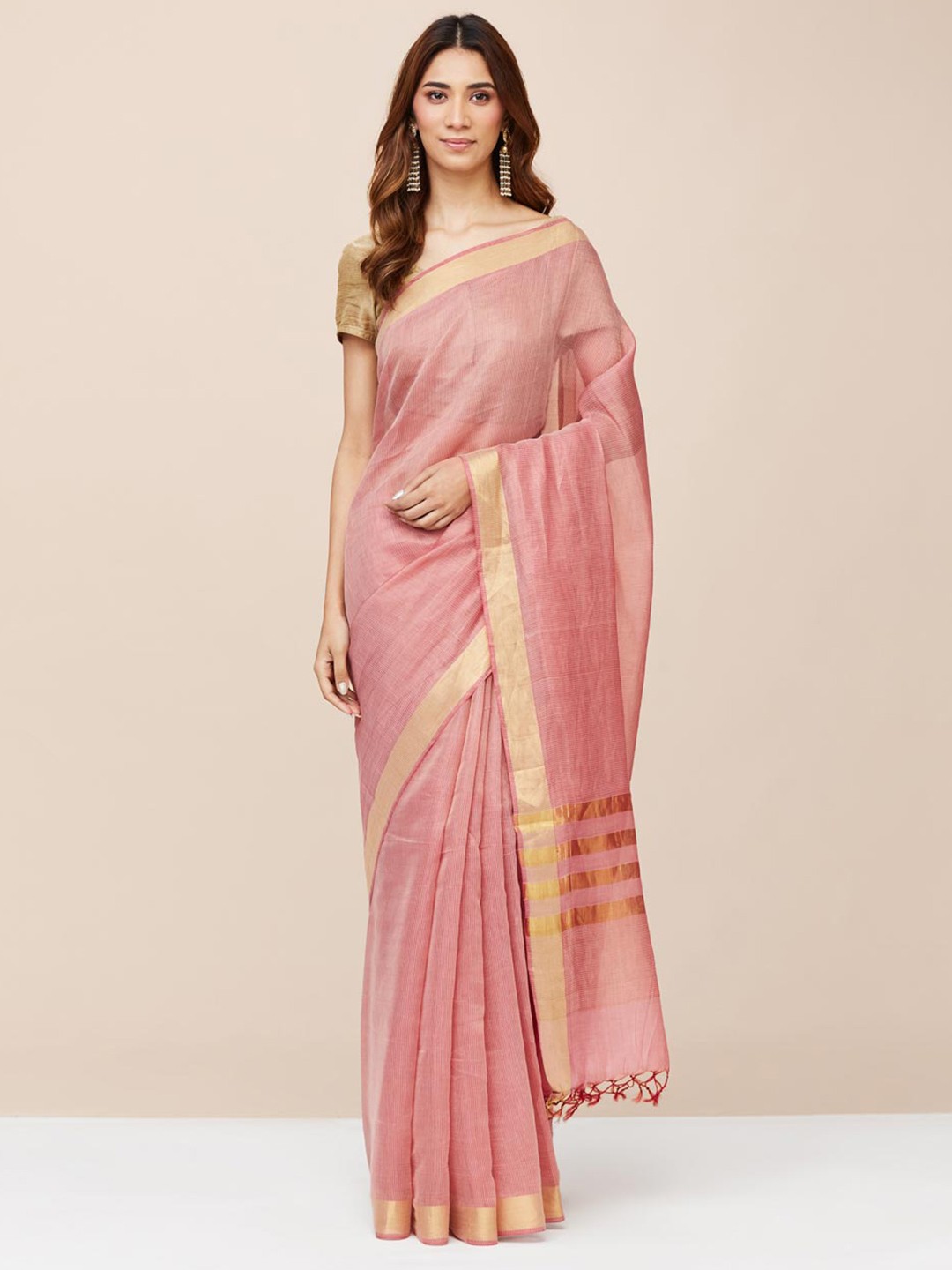 

Fabindia Striped Zari Tassels Saree, Pink