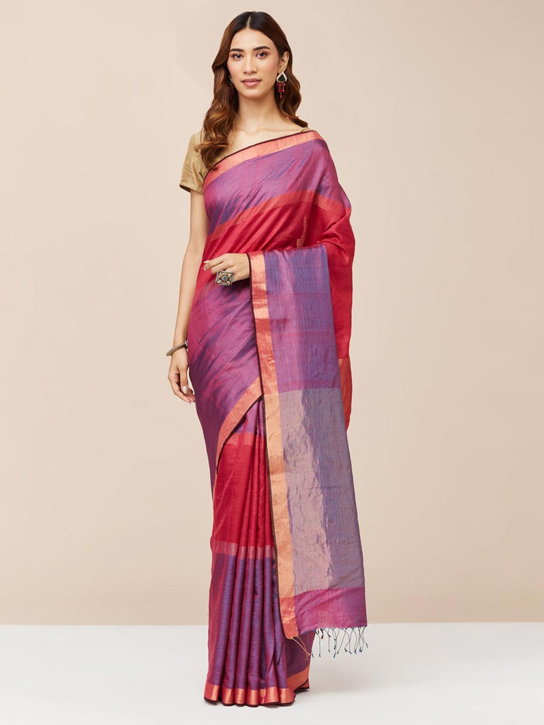 

Fabindia Colourblocked Zari Pure Cotton Saree, Pink