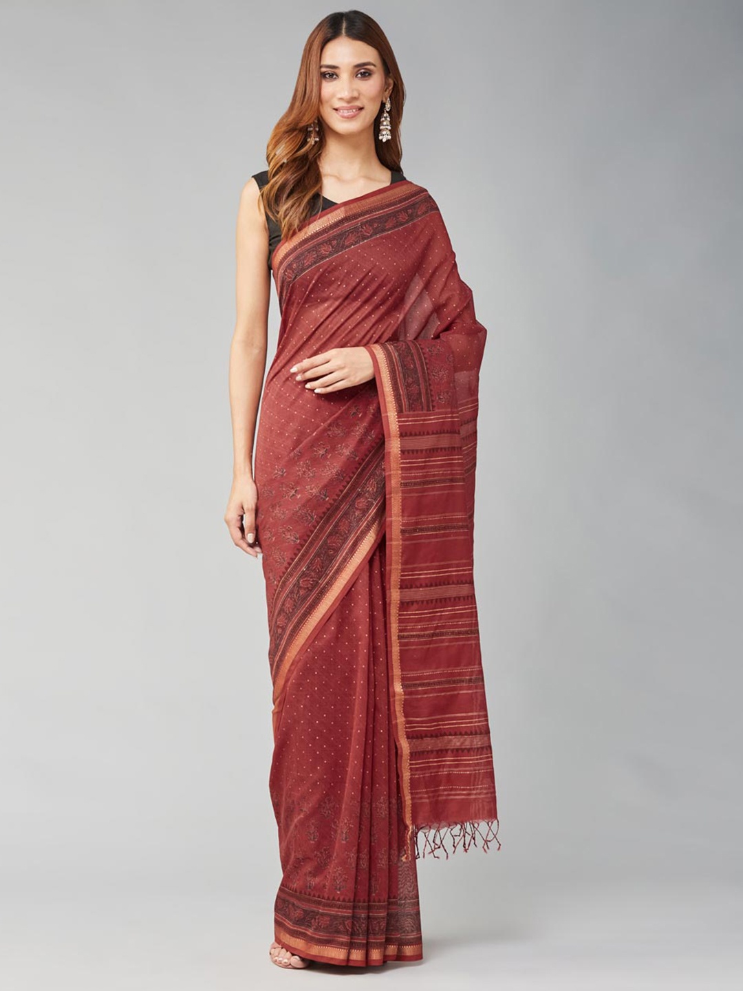 

Fabindia Ethnic Motifs Printed Zari Saree, Red