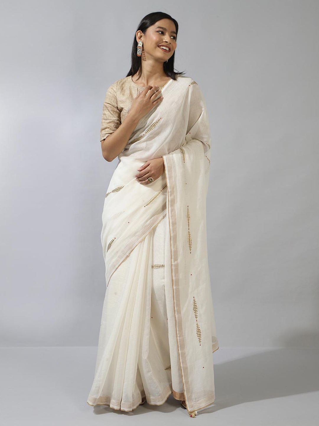 

Fabindia Floral Zari Silk Cotton Saree, Beige