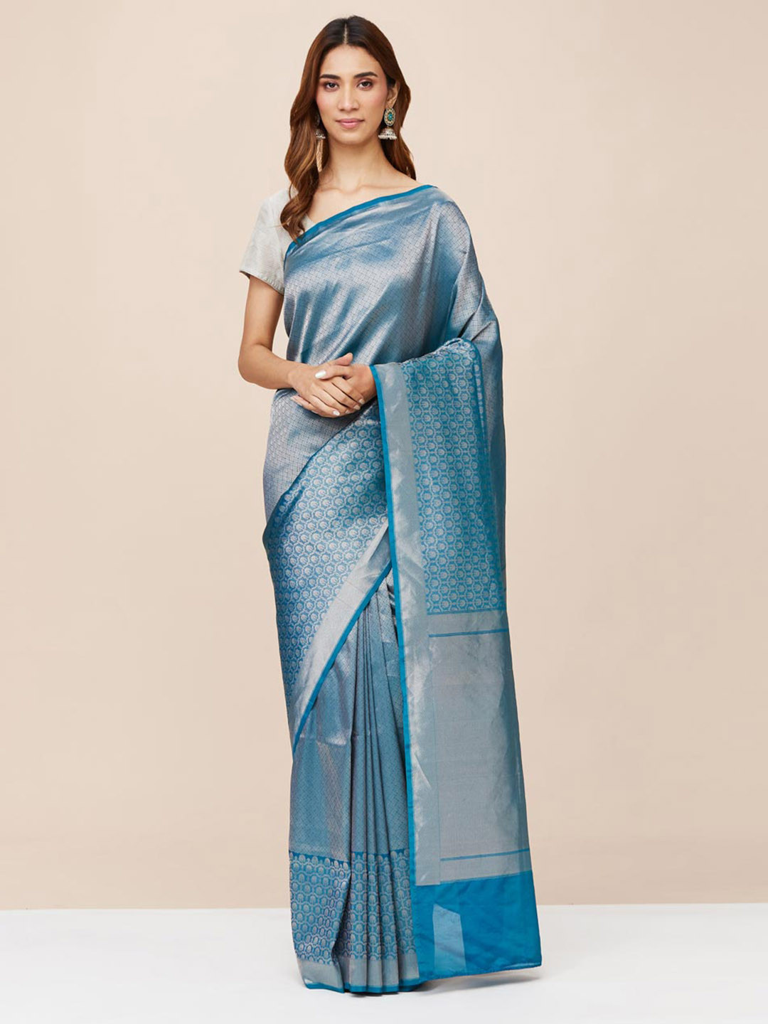 

Fabindia Ethnic Motifs Woven Design Zari Saree, Turquoise blue